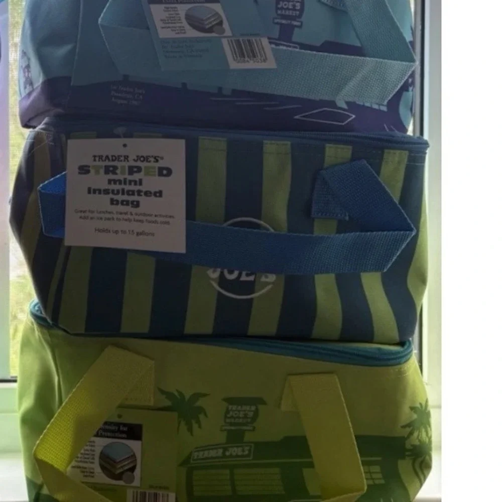 Trader Joe's Mini Insulated Bag Bundle Set of 3 Striped Tropical Teal Lime NEW - Picture 2 of 6